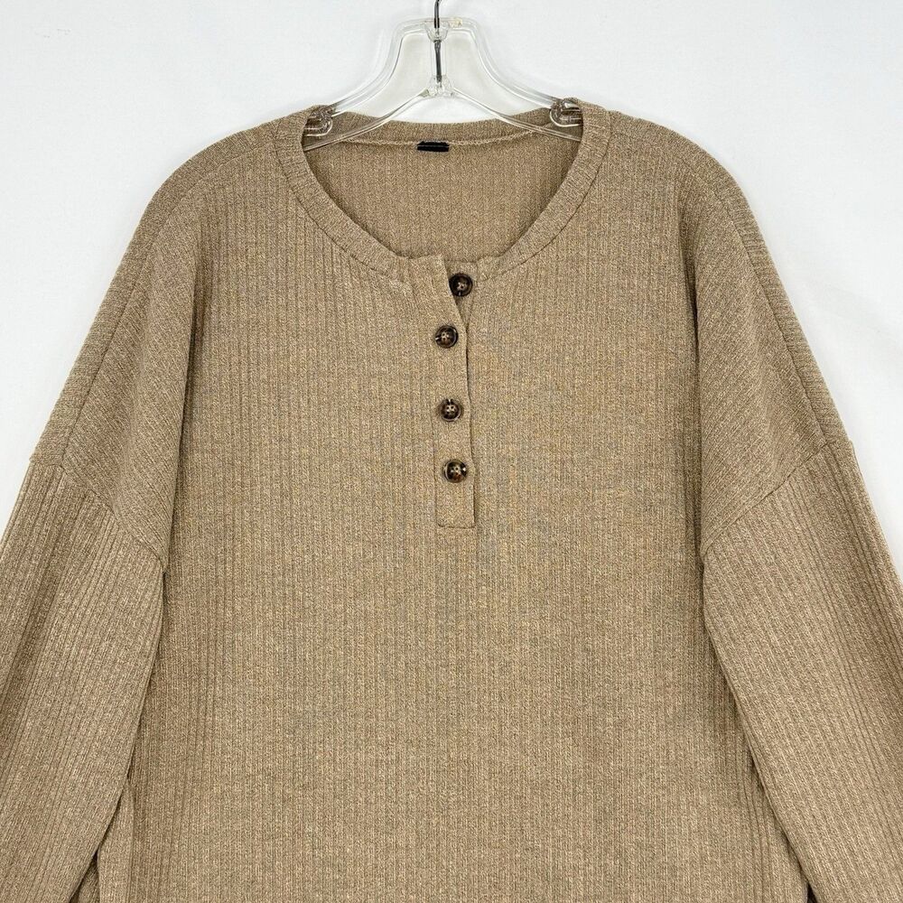 Womens Pale Khaki Rib Textured Henley Knit Top Size XL Long Sleeve Button - Picture 4 of 16